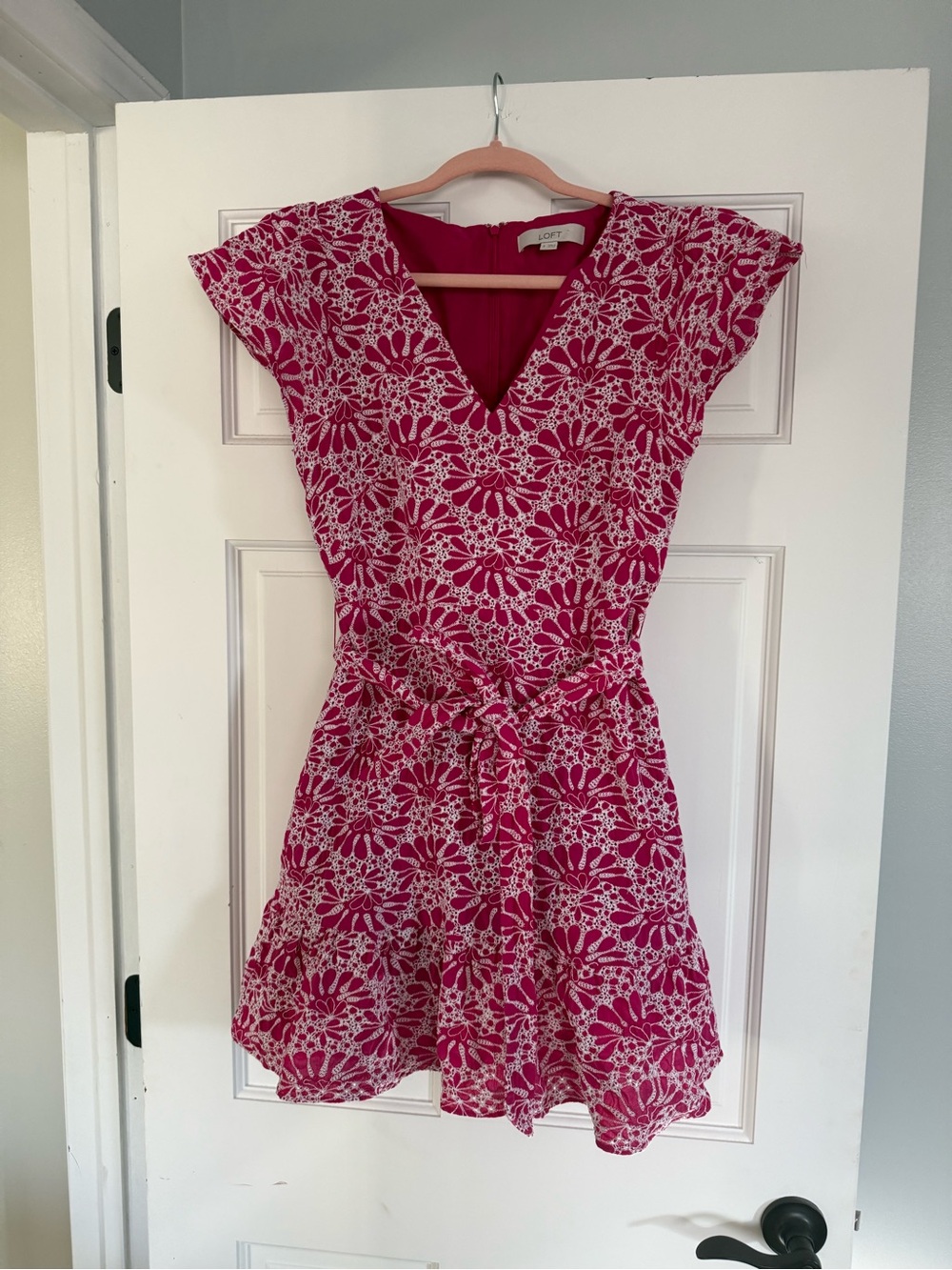 LOFT Pink Floral V-Neck Tie-Waist Mini Dress
